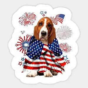 Basset Hound Dog Sticker Featuring USA American Flag Design for 4th of July Celebrations
