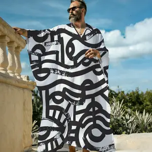 Men's V-Neck Pullover Andy Warhol Line Art Campbell's Soup Print Kaftan Long Robe, Minimalist Sketch Graphic Lightweight Beach Cover Up, Breathable Short Sleeve Resort Lounge Sleep Shirt for Men