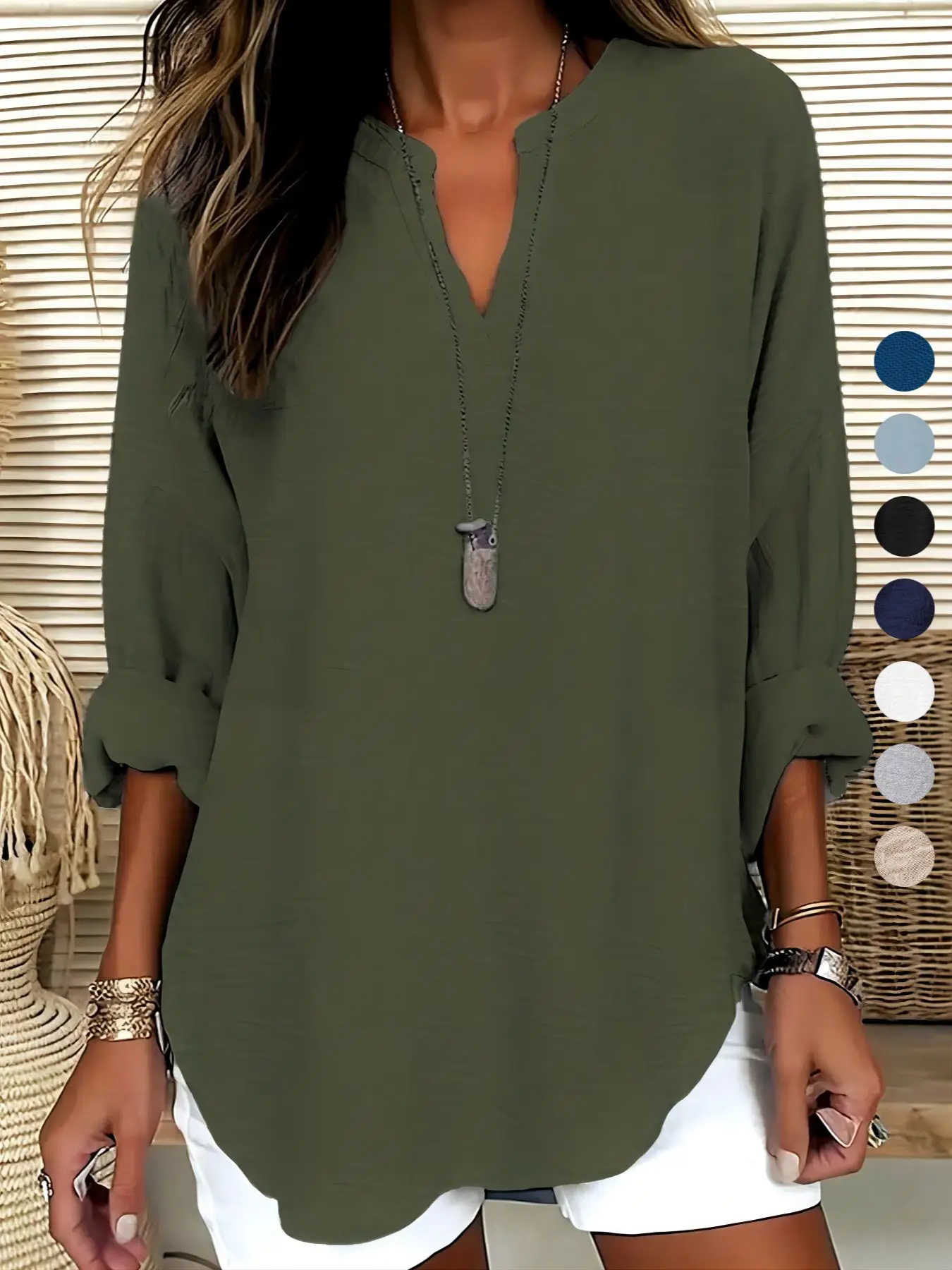 Women's Plain Notched Neck Drop Shoulder Blouse, Casual Long Sleeve Top for Spring & Fall, Women's Clothing for Daily Wear