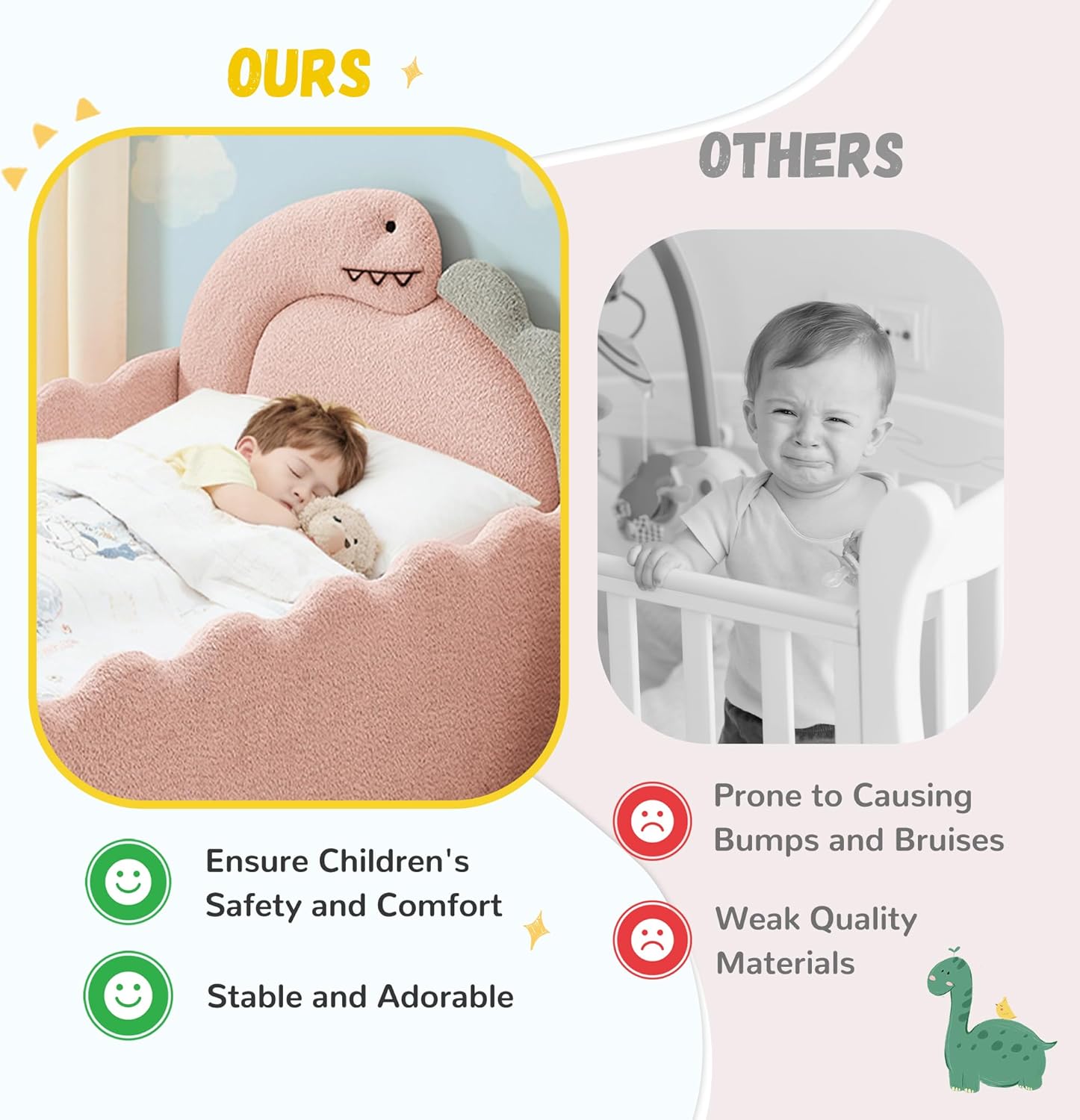 Twin Size Kids Daybed with Dinosaur-Shaped Headboard, Upholstered Boucle Fabric Bed with Safety Guardraild, Cute Kids Daybed for Girls Boys, Pink