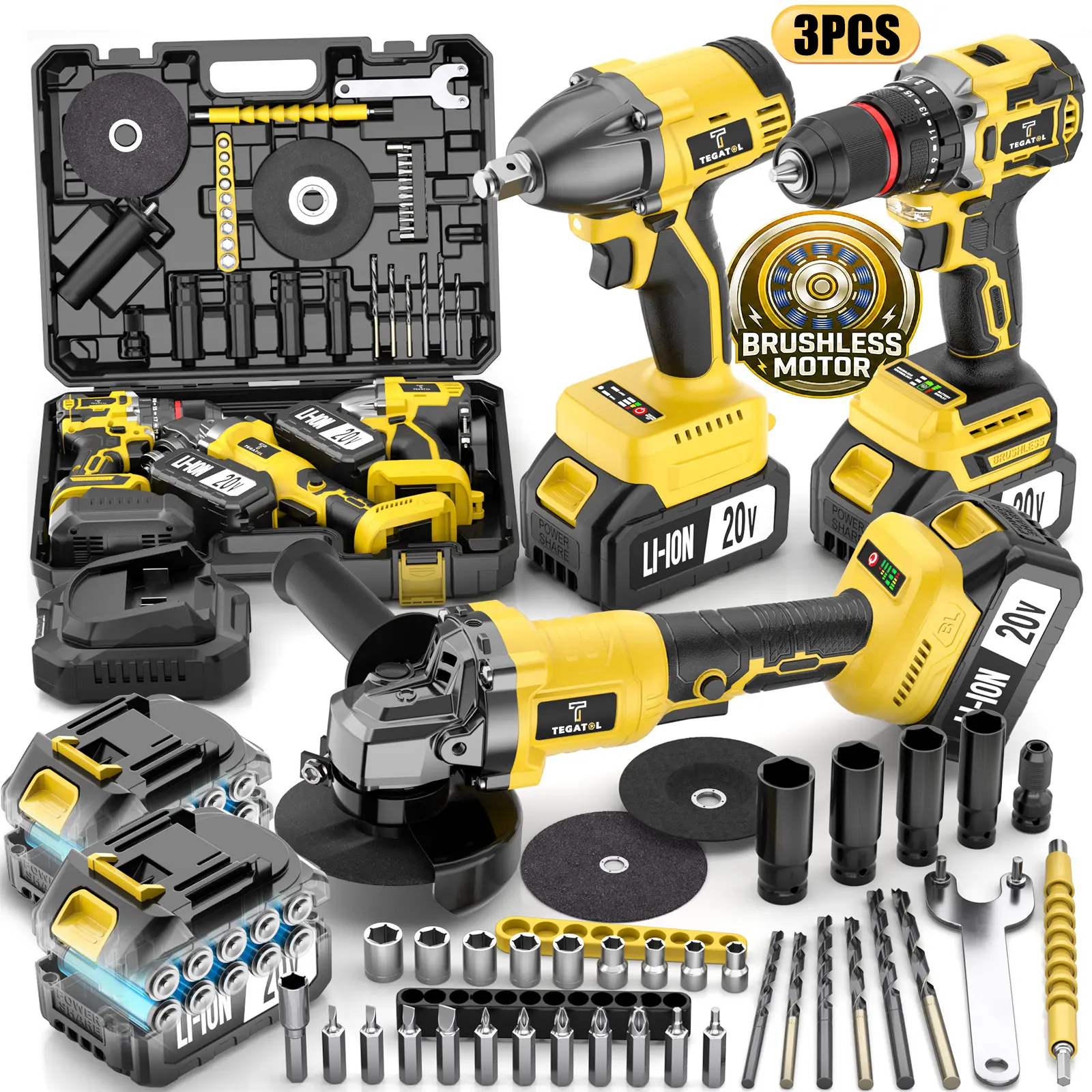 20V Multi-Purpose Power Tools Set, Lightweight Multi-Purpose Tool Set[Optional Electric Drill, Electric Wrench, Angle Grinder] Brushless Motor for Drilling, Maintenance and Grinding, Rechargeable Battery, Drill Bit, Sleeve, Grinder Wheel, ToolBox