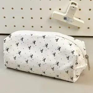Cute Bow Design Large Capacity Makeup & Stationery Storage Bag, Durable Fabric with Zipper Closure, Pattern, School Office Travel Use, Handheld Cosmetic Pouch, Makeup Organizer, Makeup Bags
