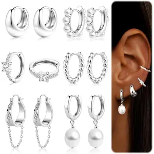 ZELORES 6 Pairs 14K Gold Plated Hoop Earrings for Women Trendy Chunky Hoop Earrings Stack Multipack Huggie Hoops Pearl Chain Dangle Gold Hoop Earrings Set