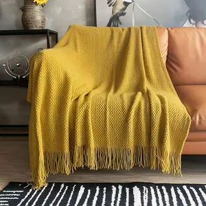 Knitted Throw Blanket with Tassels Bubble Textured Lightweight Throws for Couch Cover Home Decor (Mustard Yellow, 50x60)