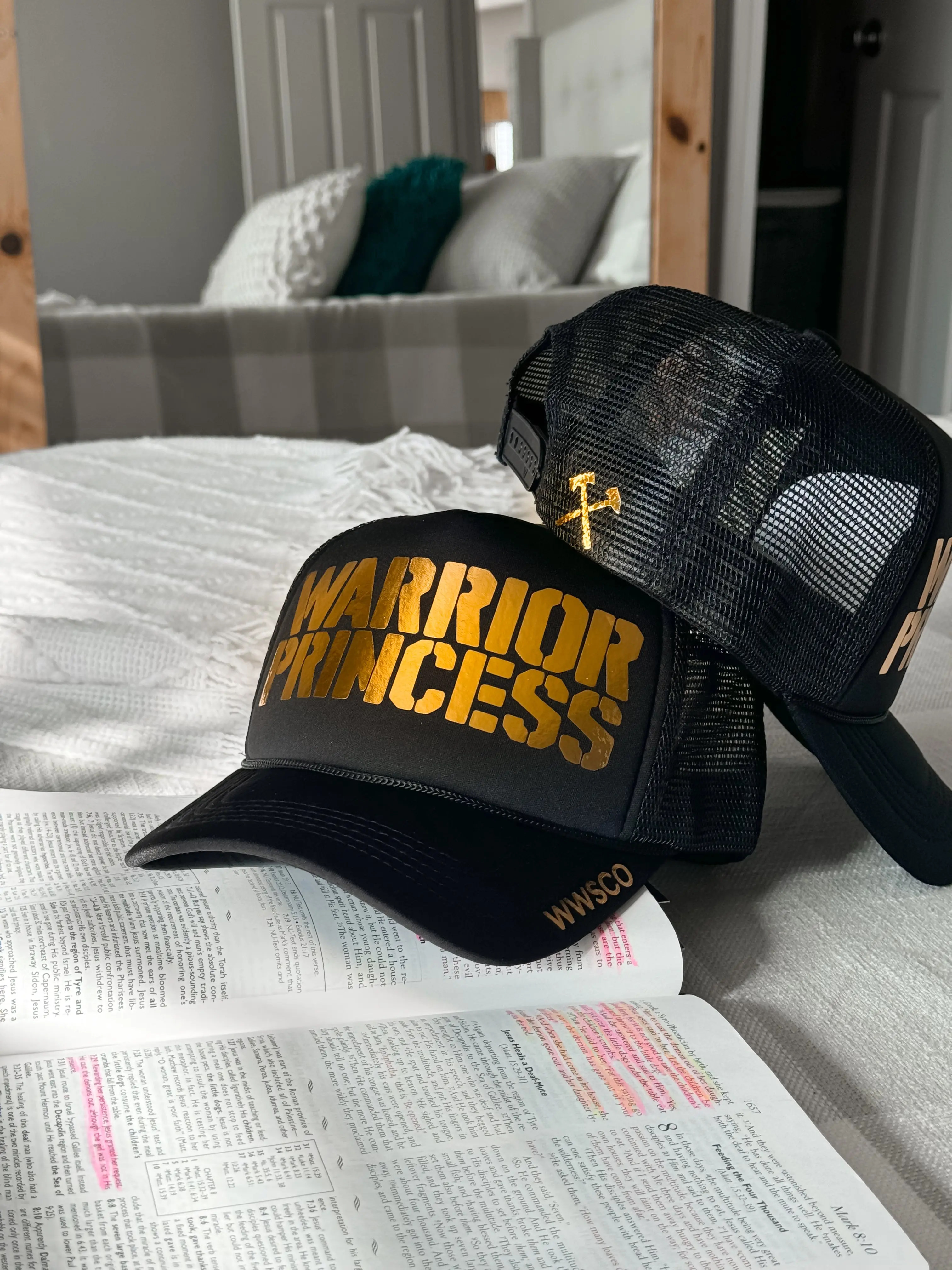WARRIOR PRINCESS V1 GOLD FOIL TRUCKER HAT IN BLACK