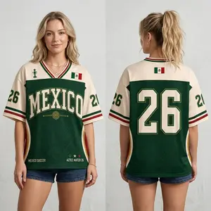 Mexico Soccer Jersey, Green Aztec Match 26 Football Nations Kit Breathable Mesh Shirt with Flag, Perfect Gift for Soccer Fans