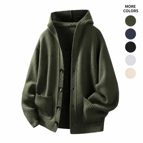 #Sohochic Men's Oversized Baggy Cozy Knitting Hooded Button-Up Cardigan Sweater - Long-Sleeve Plain Solid Outerwear, Pocketed Versatile New Year Wear for Jeans, Business Outfits