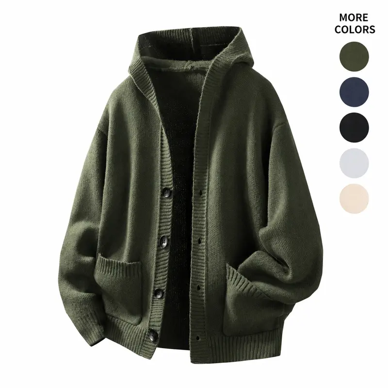 #Sohochic Men's Oversized Baggy Cozy Knitting Hooded Button-Up Cardigan Sweater - Long-Sleeve Plain Solid Outerwear, Pocketed Versatile New Year Wear for Jeans, Business Outfits