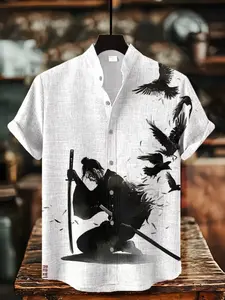 Men'S Summer Street Style Short Sleeved Shirt Paired with 3D Printed Linen Cardigan, Fashionable Stand up Collar Breathable Top