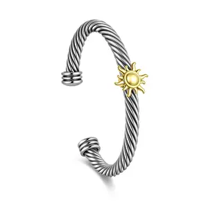 Aprilery Dual-Tone Open Cuff Bracelet – Elegant Metal Jewelry Bangle with Radiant Center Accent for Women