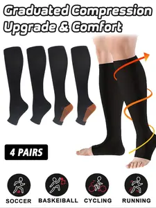 4 Pairs Open Toe Zipper Copper Wellow Compression Socks, Breathable Compression Socks, Women Men 15-20 mmhg Knee High Pregnant Nurses Medical Sports Gold Fit Cycling Adult Support Hose Circulation Long Womans, Athletic Socks