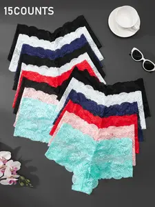 15 Pack Plus Size Women's Underwear Elegant Chic Lace Pattern Fitted Hipster Panties, Breathable Nylon Fabric, Sheer Flare Lace Trim for All Seasons