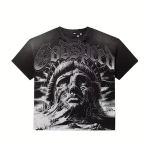 100% Cotton Y2K Hip-Hop T-Shirt with Godspeed Statue Face & City Skyline Art - Black/White