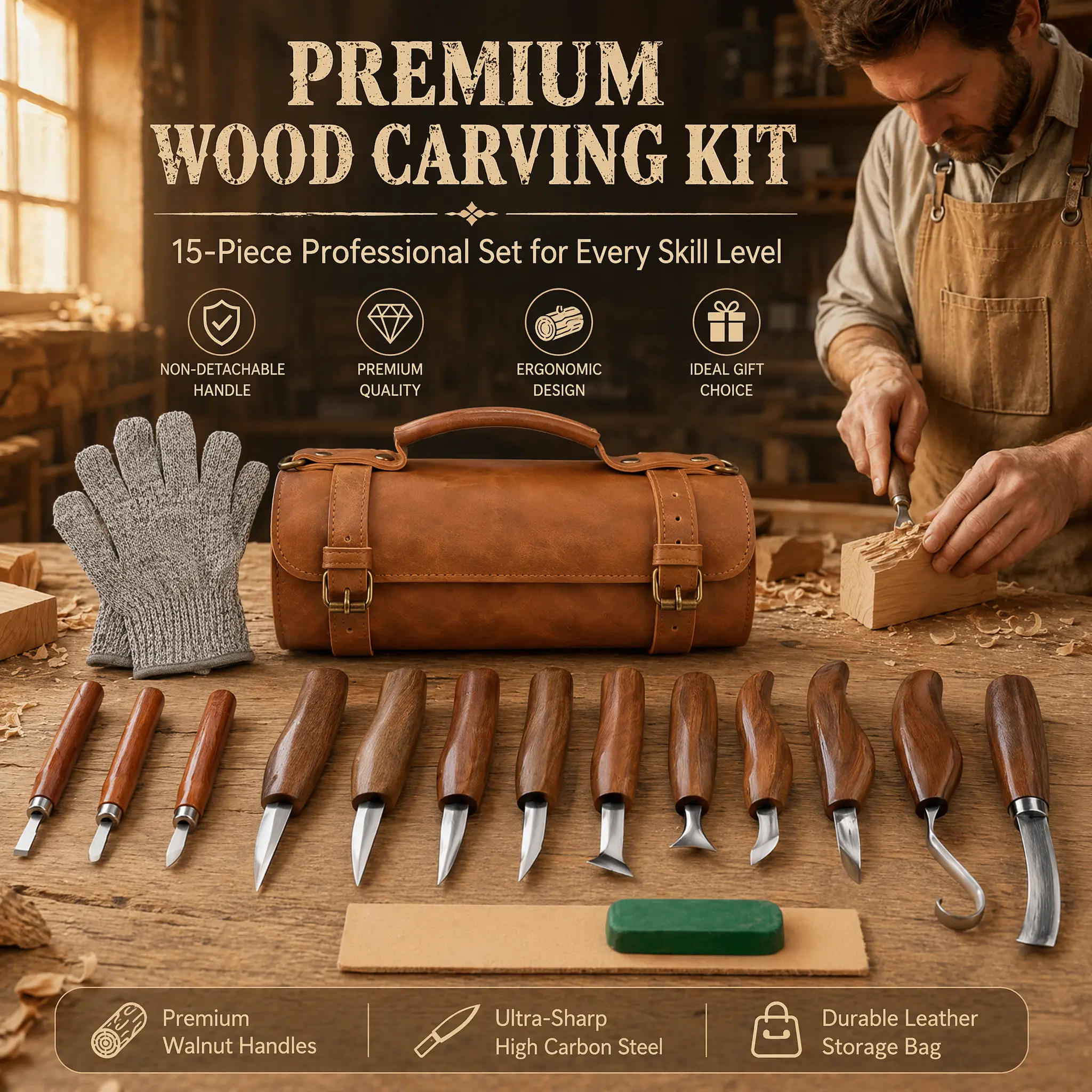 Deluxe Wood Whittling Kit for Beginners - Complete Carving Knife Set with Leather Case, Woodworking Tools, Work Tools Included