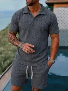 Men's Two-Piece T-Shirt Shorts Set, Collar Design, Embroidered Fashion Summer Wear, Casual Loose-Fitting Clothing