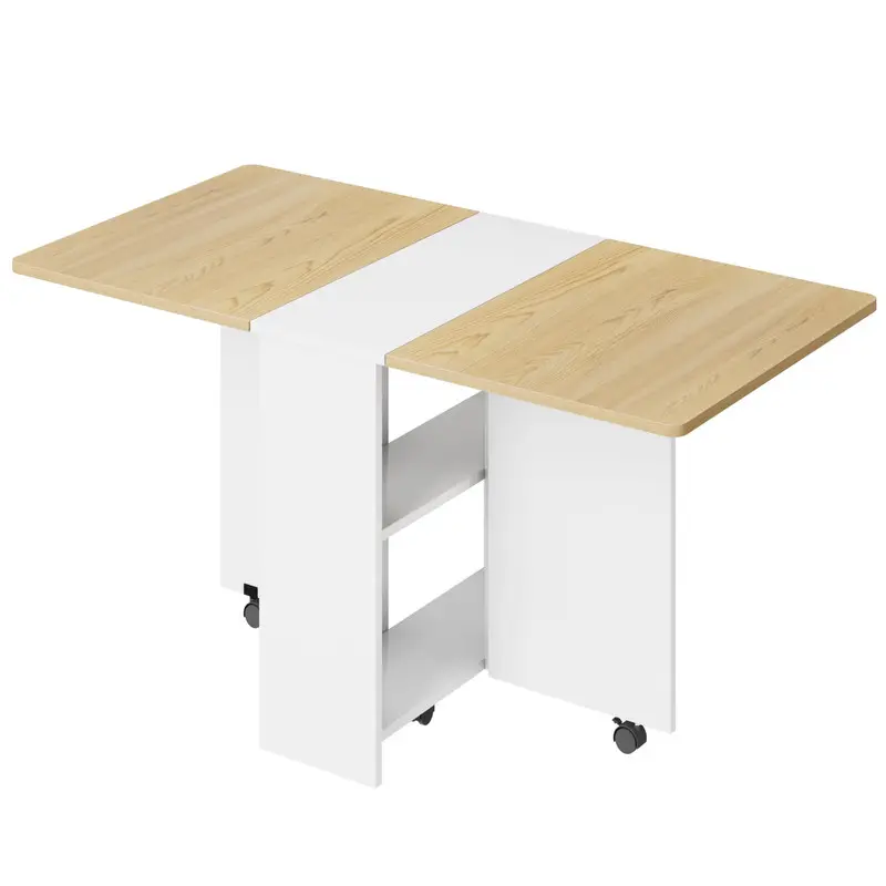 Folding Dining Table, Drop Leaf Dining Table with 6 Wheels and 2-Layer Storage Shelf, Space Saving Dining Table for Small Spaces Collapsible Expandable Rectangle for Dining/Kitchen Room
