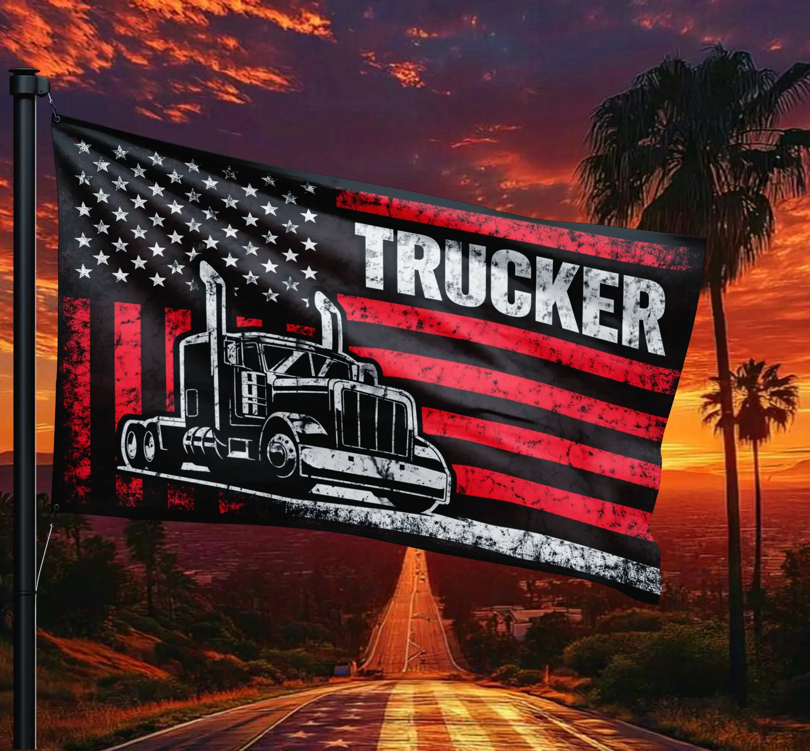 Patriotic Trucker American Flag Theme Outdoor Yard Garden Flag Double Sided Weather Resistant