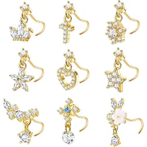 MILACOLATO 9 PCS Dangle Nose Rings - L Shaped for Women, 20G Stainless Steel Nose Rings Studs with CZ Cross, Crown, Flower, Heart Dangling Piercing Jewelry
