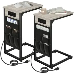 Shaped End Table , TV Tray Set of 2, Couch Tables with Storage Bag, Slide Under Sofa Side Table with USB Ports and Outlets for Living Room, Grey HET04CGY