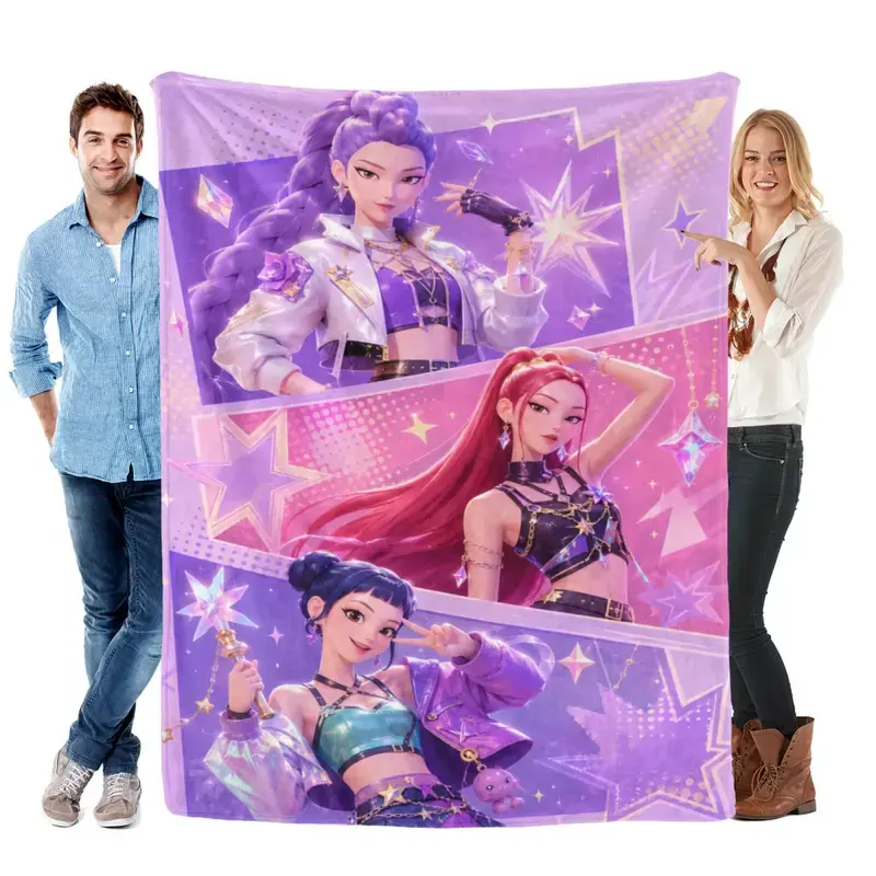 K-Pop Girl Group 3D Anime Graphic Throw Blanket Purple Pink Aesthetic Idol Flannel Fleece Blanket Soft Cotton Blend Room Decor Gift for Girls