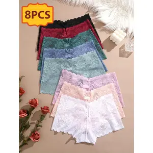 8-Piece Set Full Lace Boxer Briefs with Lace Print Solid Color Underwear, Sexy Comfortable Breathable Lightweight Boxer Briefs for Women Daily Commuting