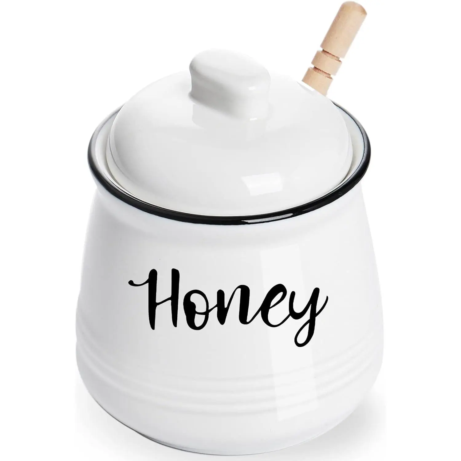 12oz Durable Ceramic Honey Jar Set with Lid & Dipper - Farmhouse Aesthetic Containers, Easy-Clean Utensils, Dishwasher Safe, 3.5"l x 3.5"w x 4.3"h Aesthetic Farmhouse Home Decor Kitchenware