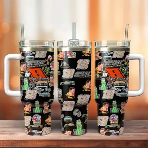 Kyle Busch #8 and #18 Racing Collage 40oz Tumbler, NASCAR Motorsports Travel Mug, Auto Race Car Sticker Bomb Cup with White Handle
