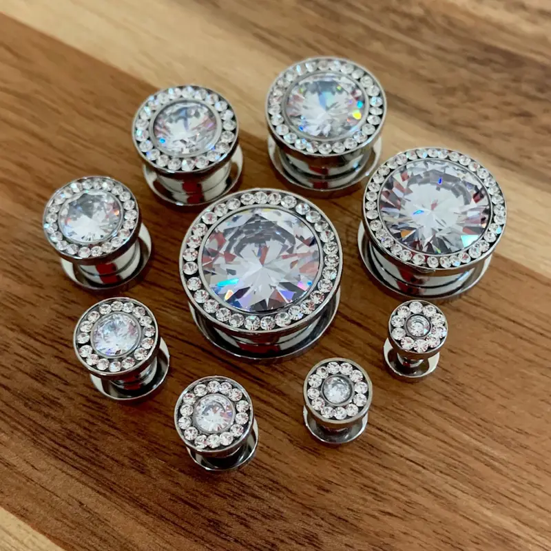 PAIR of Stunning Steel Screw Fit Plugs with Large Clear CZ Gem Surrounded by a CZ Rim - Gauges 8g (3.2) thru 5/8" (16mm)