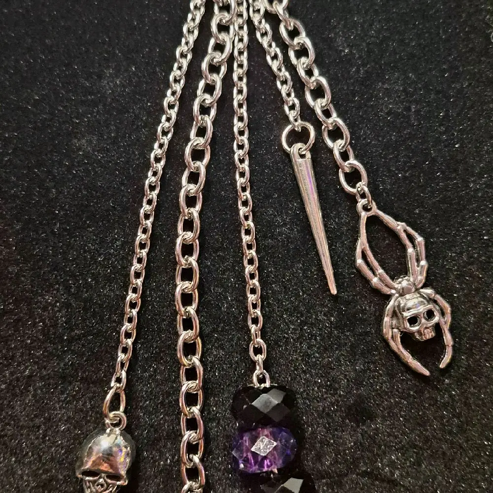 Halloween Bag Cascade - Stainless Steel Purse Charm - 3D Metal chain drops with spike and charms, and glass colored beads for goth / Halloween handbags, backpacks, purses