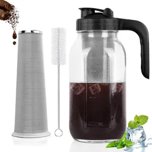 Cold Brew Coffee Maker Pitcher, 64 Oz Heavy Duty Glass Mason Jar Pitcher with V-shaped Pour Spout Handle Lid,Stainless Steel Filter for Iced Coffee,Iced tea,Fruit Drinks,lemonade - Black Pots