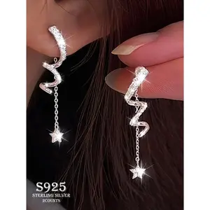 925 Sterling Silver Fashionable Star Design Dangle Earrings with Box, Elegant Artificial Zircon Decor Jewelry for Women, Trendy All-match & Exquisite Jewelry for Gift