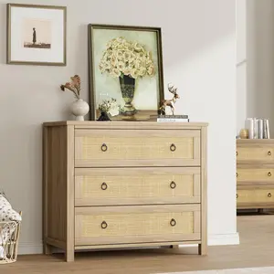 3-Drawer Natural Rattan Wood Cabinet Chest - Hand-Woven Rattan Fronts, Freestanding Anti-Tip Wall-Anchored Storage, Extra Deep Drawers, Robot Vacuum-Friendly Child-Safe Indoor Bedroom Furniture