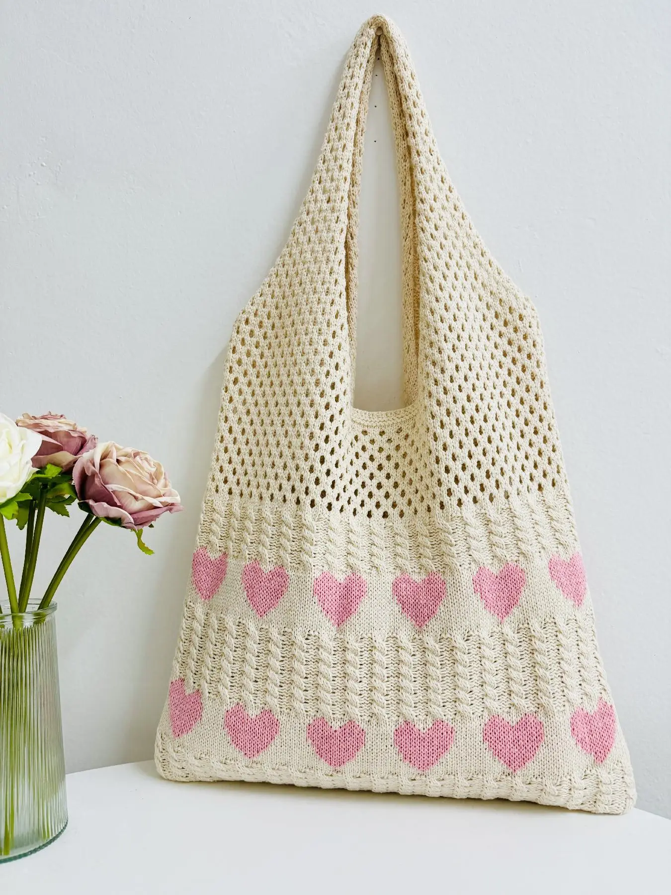Elegant Heart Pattern Crochet Bags, Cute Large Capacity Shoulder Bag for Women & Girls, Chic Summer Beach Tote Bag, Valentine's Day, Gift