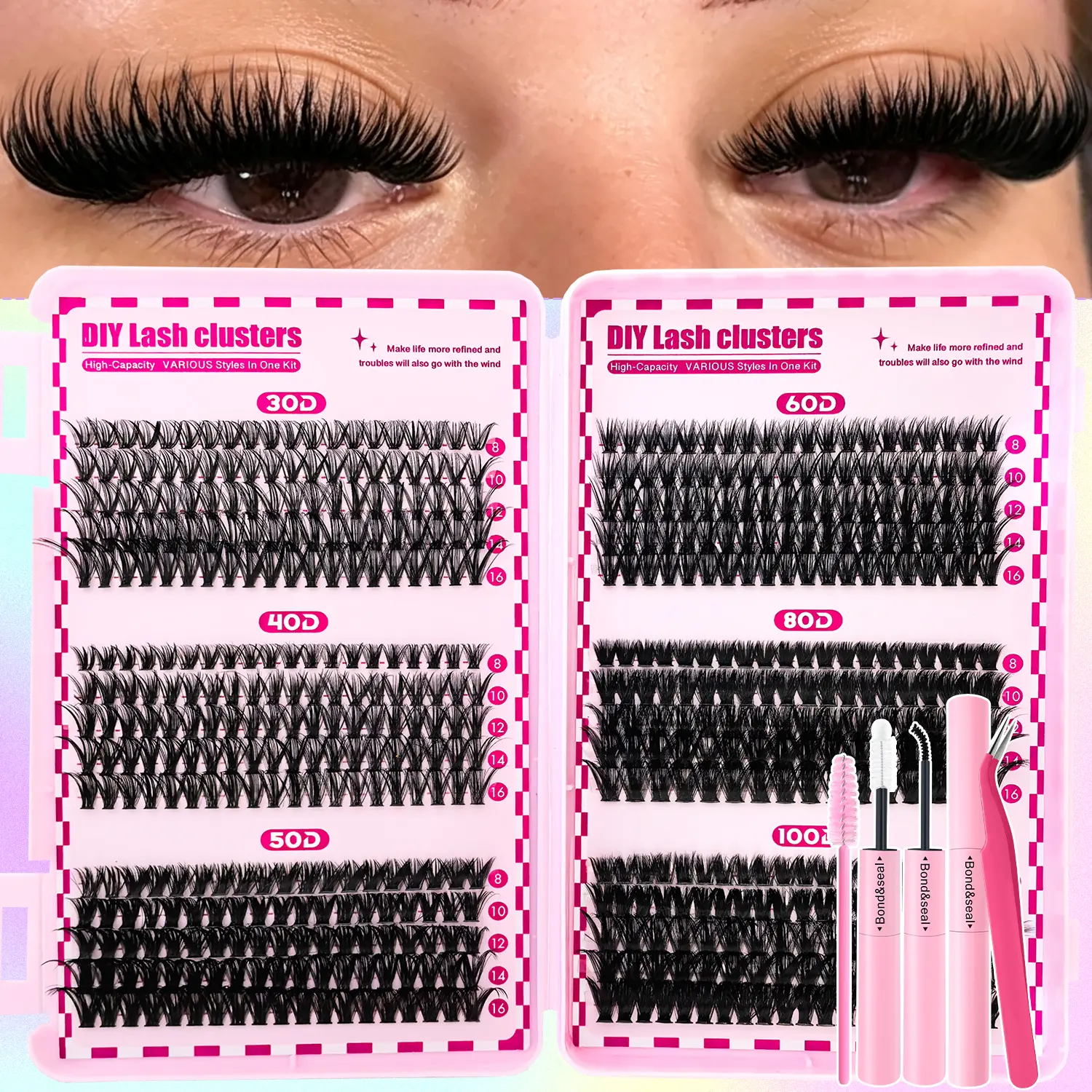600pcs DIY Lash Clusters Kit 9-16mm Natural Look to Volume False Eylashes Set with Lash Bond & Seal & Tweezers, Thick Individual Eyelash Extension Kit Soft Thin-band & Fluffy Wispy Lashes for Beginner[30D-100D Eye Lash Makeup Tools]
