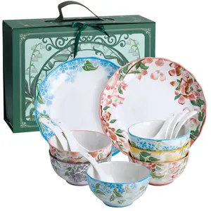 Green Floral Ceramic Dinnerware Set, 8-Piece Plates and Bowls, Microwave & Dishwasher Safe, Chip Resistant, Family Size Gift Set