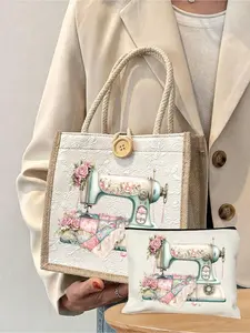 Vintage Sewing Print Canvas-Tone Tote Bag Set: Large Capacity Handbag + Storage Bag, Perfect For Craft Enthusiasts. Includes A Vintage Sewing Print Tote Bag Set, A Handmade Enthusiasts' Canvas Bag, A Sewing Tool Organizer, A Bohemian Retro Print Makeup Ba