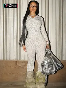 Women's Leopard Print Zipper Up Long Sleeve Flounce Leg Jumpsuit, Leopard Print Romper, Stand Collar Lapel Neck Thumb Cut Out Sleeves Flared Long Jumpsuits, Spring Fall Winter Party Date Daily Casual One-piece