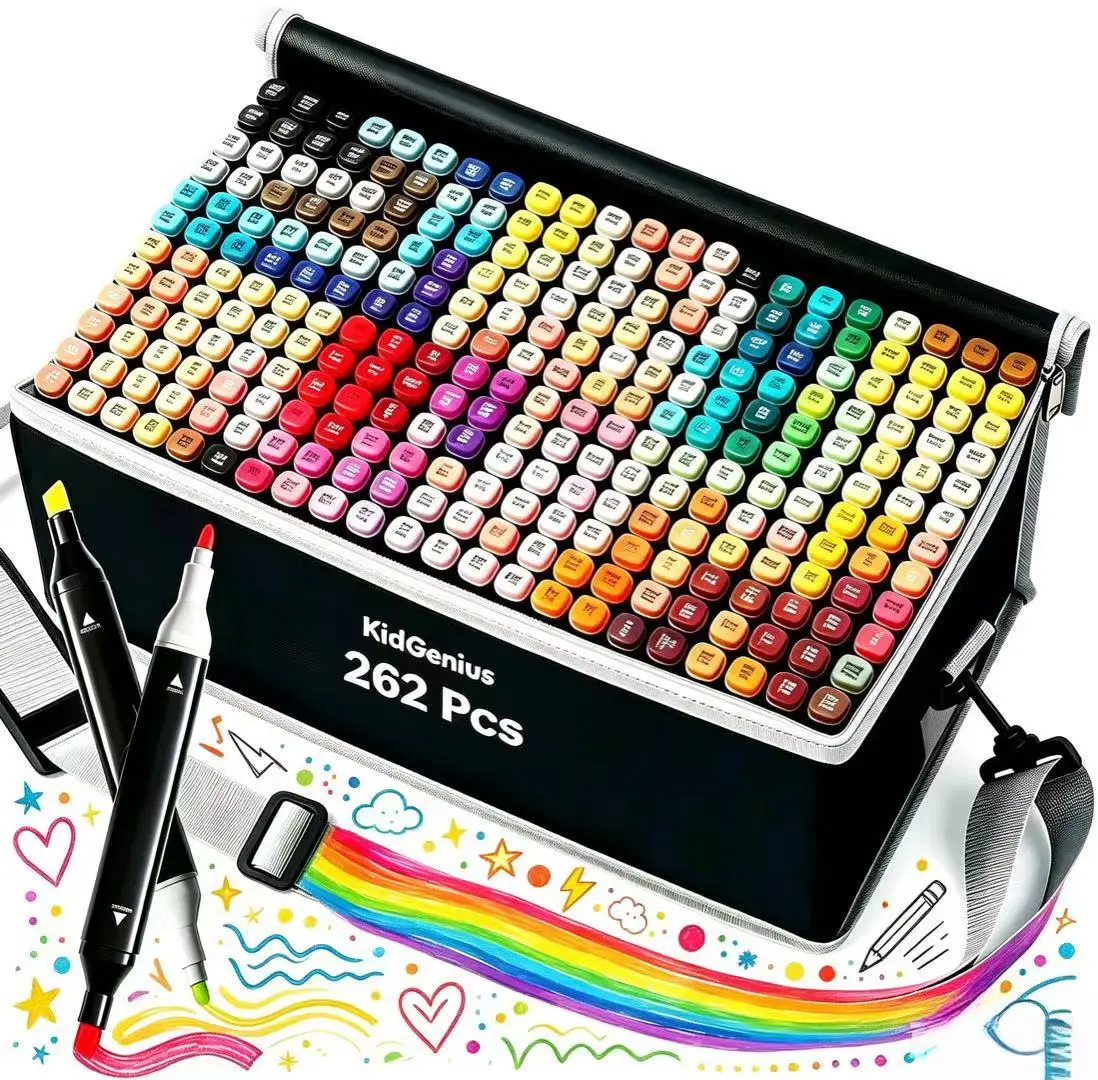 KIDGENIUS Dual Tip Alcohol Markers (120/168/262 Count) - Non-Toxic, Easy-to-Blend Colorful Precision Pens, Permanent Paint Pens Markers for Kids' DIY Crafts, Ideal Holiday Gift