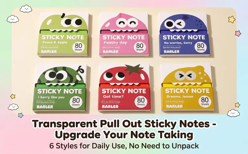Rarler Transparent Pull-Out Glitter Sticky Notes（Includes Christmas gift styles and fruit styles） - 12 Boxes, 80 Sheets Per Pad, 960 Total, 50 Reuses Per Sheet, Strong Adhesion, Quality Paper, No Residue, Back to School, Desk Accessorie