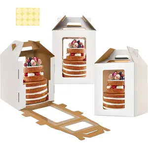 3Pack Tall Cake Boxes for Tier Cakes with 4 windows 10x10x12Inch cake transport container,Bakery Take Out Transport Containers Tall Cake Carrier with Handle for Wedding, Birthday, Party