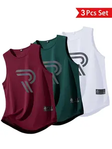 Men's New Print Tank Top Set, Round Neck Stretch Quick-Dry Sleeveless Vest, Breathable Polyester Fiber for Gym Running Sports Casual Wear, Gym Workout Clothes, Sleeveless Gym Tops