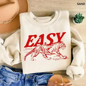 Easy Tiger Graphic Sweatshirt, Vintage Tiger Print Shirt, Minimal Aesthetic Animal Art Sweater, Casual Streetwear Pullover, Trendy Graphic Top for Men Women, Everyday Outfit Gift