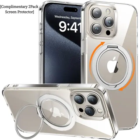 [2pack Clear Screen Protector] Magnetic Phone Cases for iphone 18 Pro Max 18 Pro 17 Pro Max 16 15 14 13 Pro 360-Degree with Stand Military-Grade Protection Translucent Metal Ring Holder Magnetic Hold Hands-Free Viewing on Any Surface Case for iphone 18