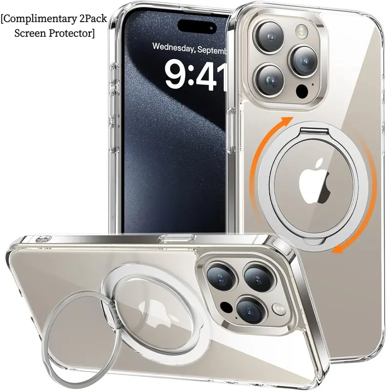 [2pack Clear Screen Protector] Magnetic Phone Cases for iphone 18 Pro Max 18 Pro 17 Pro Max 16 15 14 13 Pro 360-Degree with Stand Military-Grade Protection Translucent Metal Ring Holder Magnetic Hold Hands-Free Viewing on Any Surface Case for iphone 18
