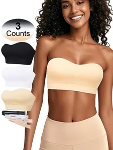 Women's Solid Color Strapless Bra with Detachable Pads & Straps, Casual Comfortable Stretch Fabric Bralette, Ladies Sportswear for Daily Wear