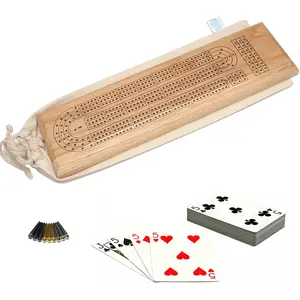 WE Games Deluxe Cribbage Set - Solid Wood Continuous 3 Track Board with Easy Grip Pegs, Deck of Cards & Canvas Storage Bag