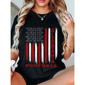 🎉   100% Cotton Patriotic USA Flag Alabama Football Season Party Round Neck Short Sleeve T-Shirt Women's Men Graphic Tee