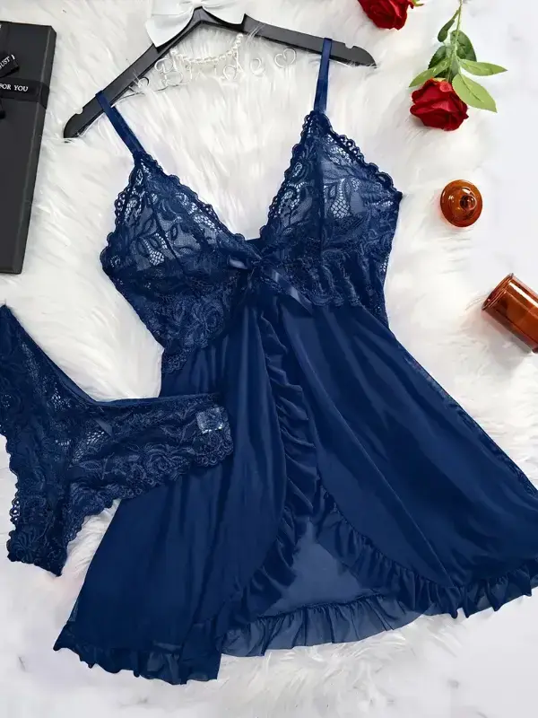 Women's Comfortable Nightgown,Contrast Lace Sleepwear Dress, V Neck Backless Ruffle Trim Split Hem Slip Dress