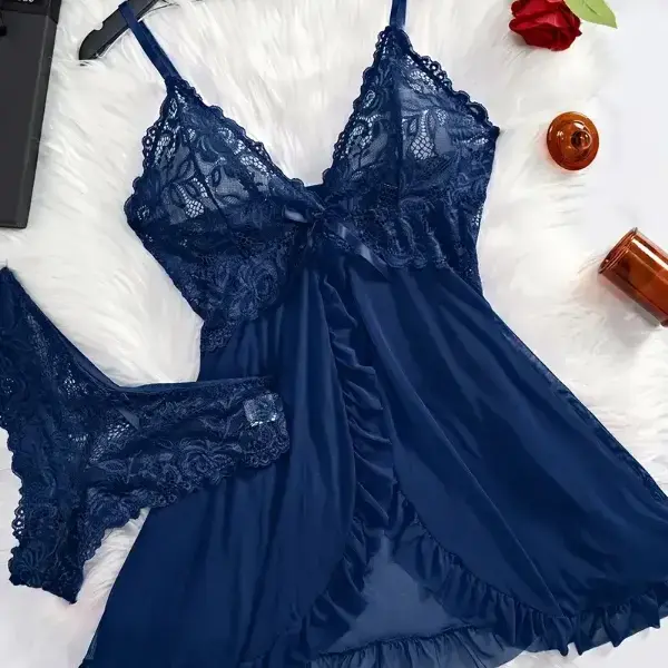 Women's Poly Spandex Comfortable Night Gown - Sleeveless, Seamless, V-Neck, Backless, Ruffle Trim, Contrast Lace, Split Hem Slip Dress with Stretch, Elastic Bust, Sexywear, Sohochic