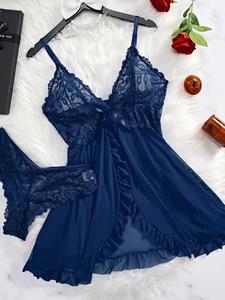 Women's Comfortable Nightgown,Contrast Lace Sleepwear Dress, V Neck Backless Ruffle Trim Split Hem Slip Dress